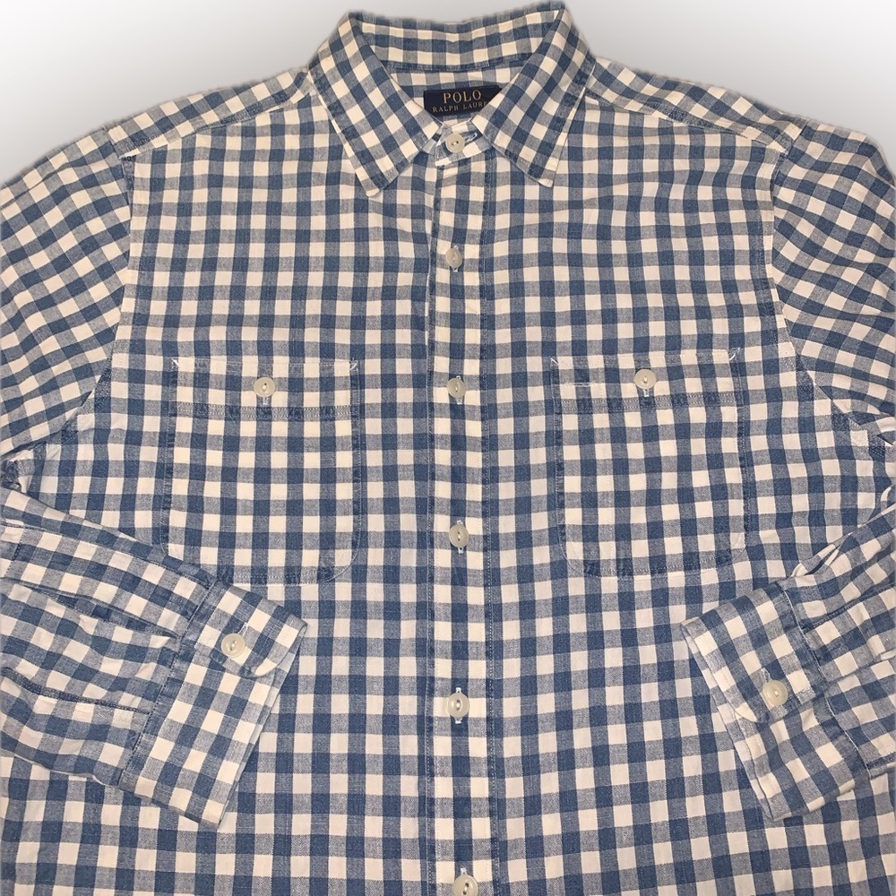 Polo Ralph Lauren Blue White Plaid Check Gingham Chest Pocket Rustic Shirt M - Picture 6 of 8